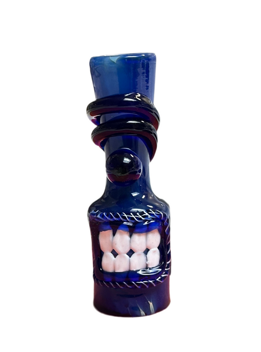 Mini Hand-Blown Monster Teeth Chillum Pipe – Deep Blue Glass - 3”