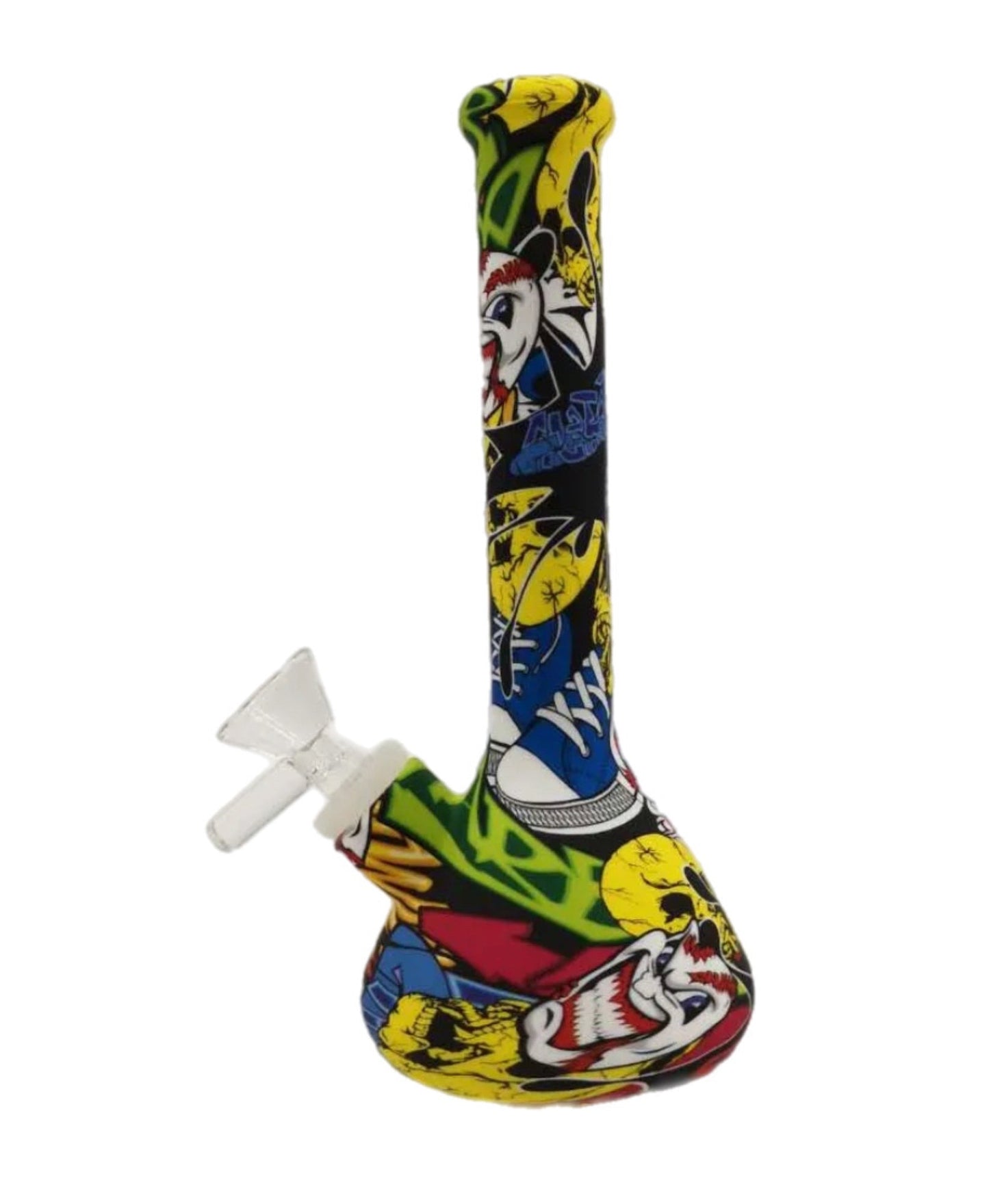 8” Silicone Graffiti Clown Bong – Colorful Street Art Beaker Water Pipe w/ Glass Bowl