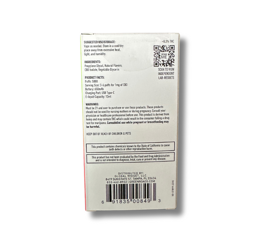 GREEN ROADS CBD Disposable Vape 1200mg - 5000 Puffs - Nicotine Free - THC Free