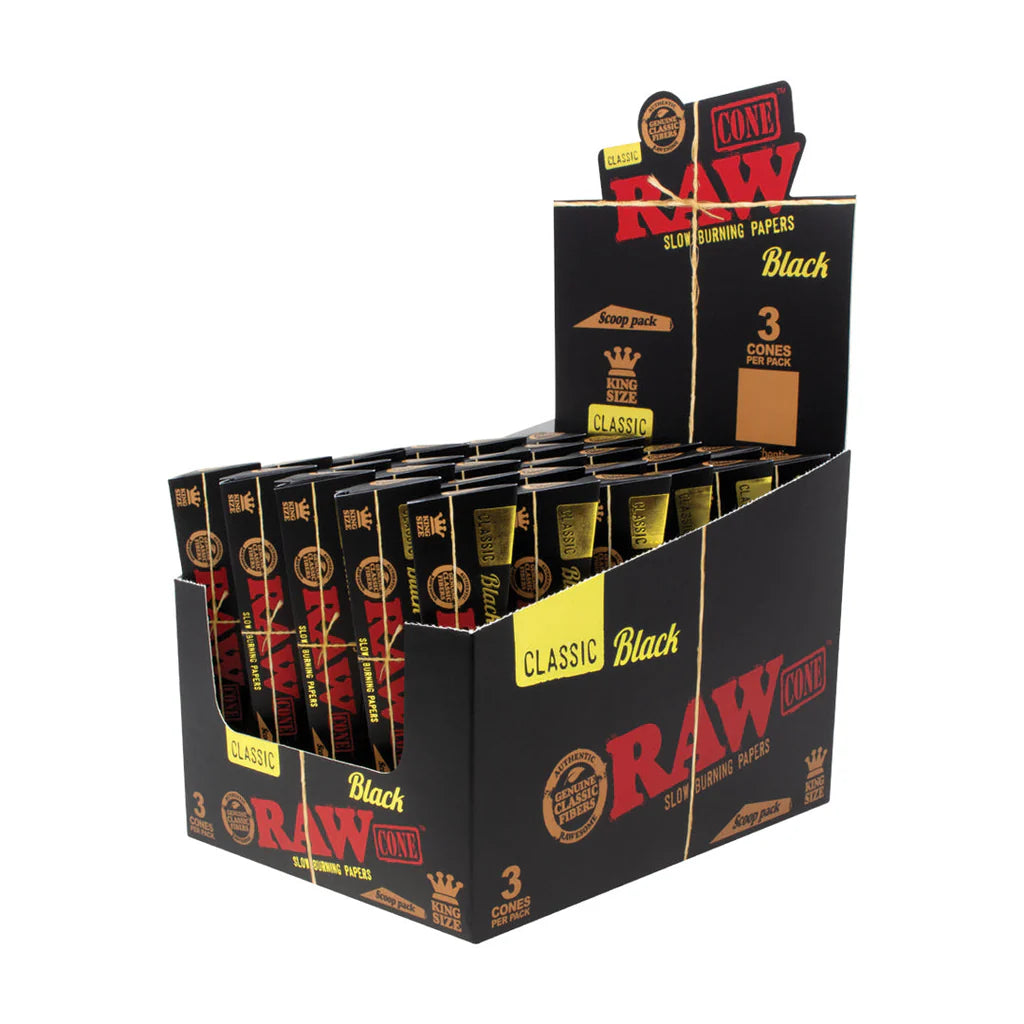 Raw Black Classic Cones - Ultra Thin Pre-Rolled Cones (1 1/4 + King Size, Multiple Packs)