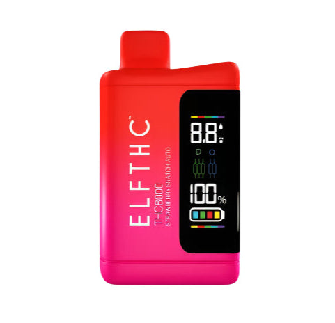 A red and pink colored ELFTHC Vantablack Blend Vape Pen with a digital display showing the battery life and temperature settings.