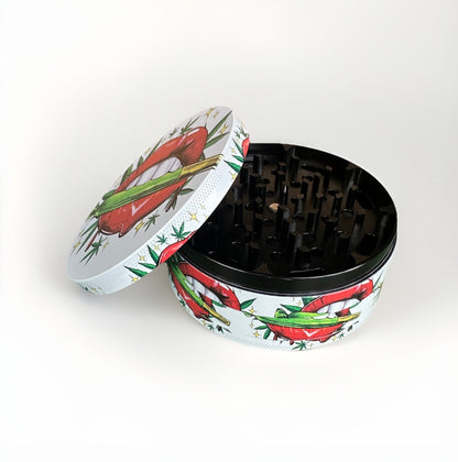 Red Lips Design 4-Piece Metal Herb Grinder with Pollen Catcher & Scraper - Large