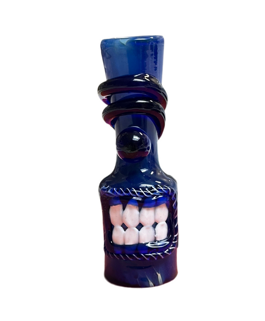 Mini Hand-Blown Monster Teeth Chillum Pipe – Deep Blue Glass - 3”