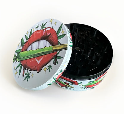 Red Lips Design 4-Piece Metal Herb Grinder with Pollen Catcher & Scraper - Large