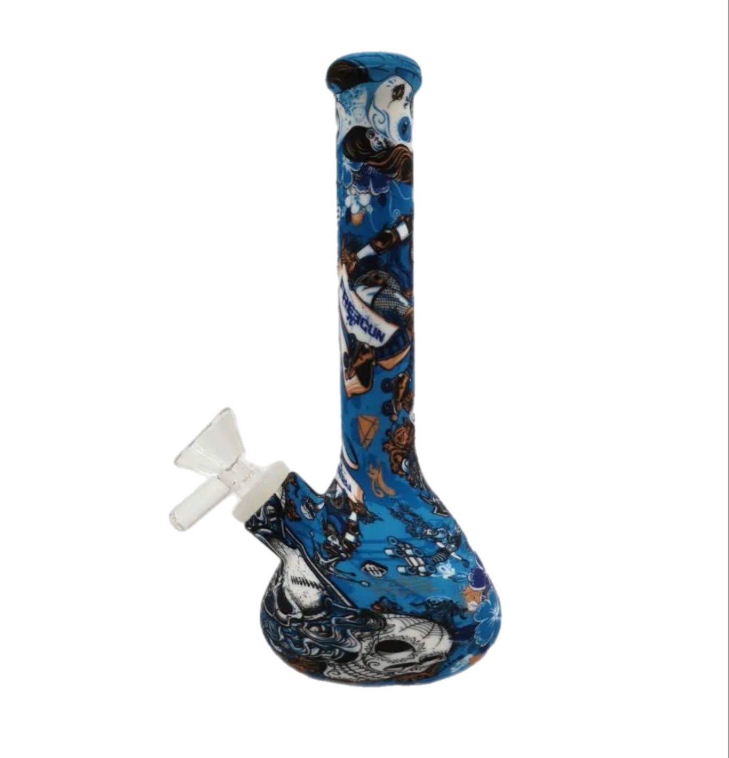8” Silicone Tattoo Skull Bong – Blue Ink Design Beaker Water Pipe w/ Glass Bowl