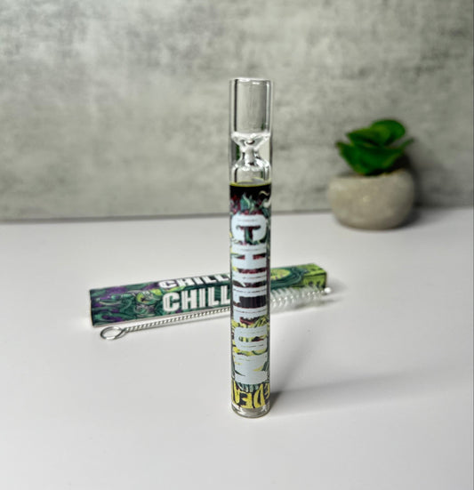 Glass Chillum Pipe with Cleaning Brush – Printed Design – Pocket-Friendly One-Hitter