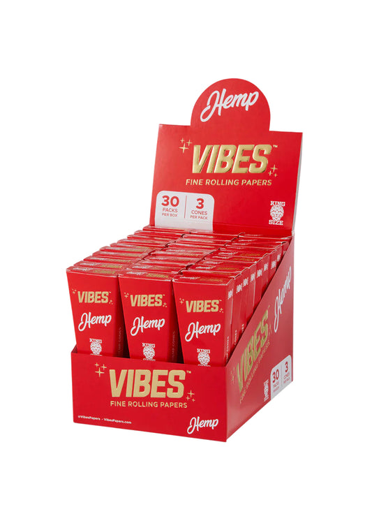 Display of red 'Vibes' hemp rolling paper boxes pack of 30 