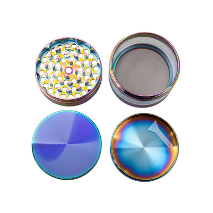 Rainbow Anodized 4-Piece Herb Grinder – 2.5" Clear View Magnetic Lid Grinder with Kief Catcher