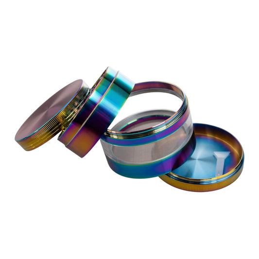 Rainbow Anodized 4-Piece Herb Grinder – 2.5" Clear View Magnetic Lid Grinder with Kief Catcher